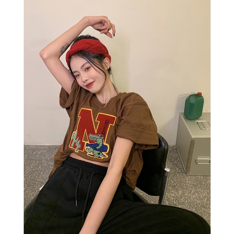 Áo Thun Tay Ngắn Cổ Tròn Thêu Họa Tiết Thời Trang Hàn Quốc Cho Nữ