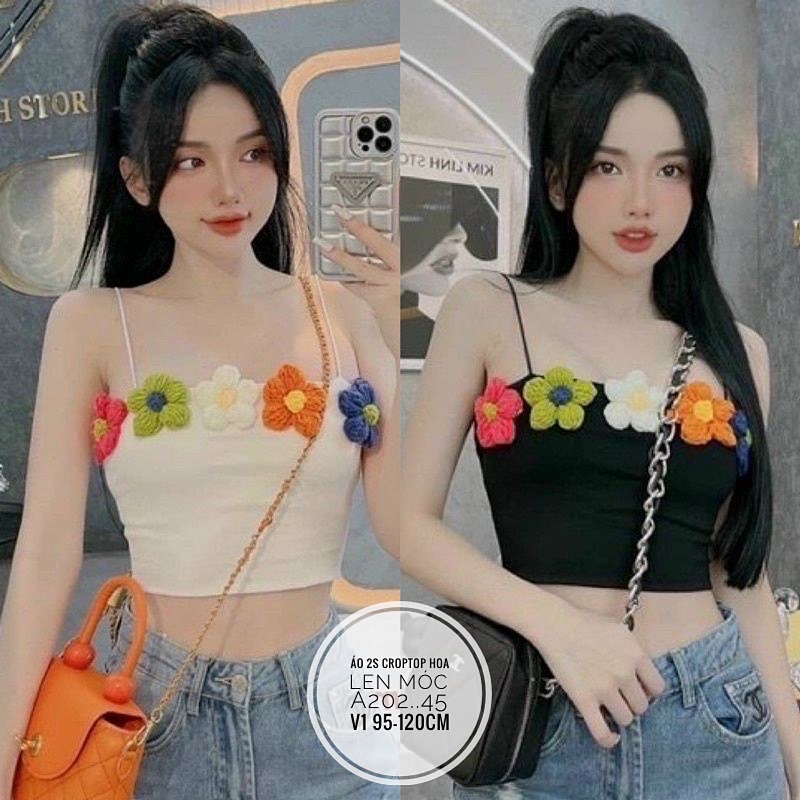 Bigsize áo croptop 2 dây hoa len đan nhiều màu dể thương(55-80kg)[hoả tốc 7-16h mỗi ngày]