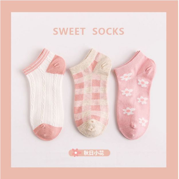 Set 3 đôi vớ/tất nữ cổ ngắn dễ thương màu pastel