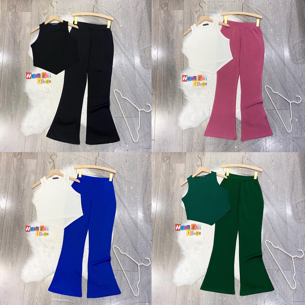 Set Bộ Áo Croptop 3 Lỗ Sát Nách Ôm Body Phối Quần Thun Ống Loe Pass Ulzzang - MM