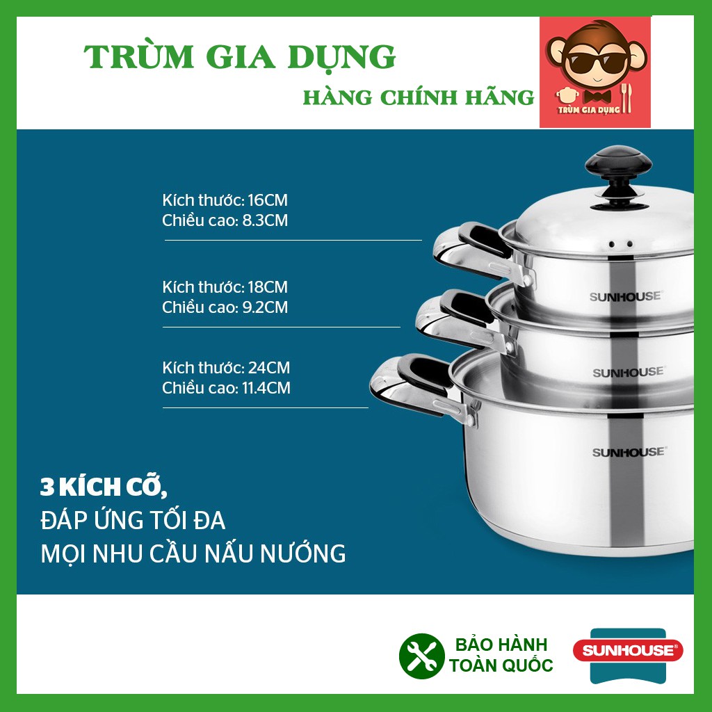 Bộ nồi Sunhouse SH333, Bộ nồi inox Sunhouse SH333 dùng được cho bếp từ, 3 đáy sử dụng được trên mọi loại bếp,16,18,24 cm