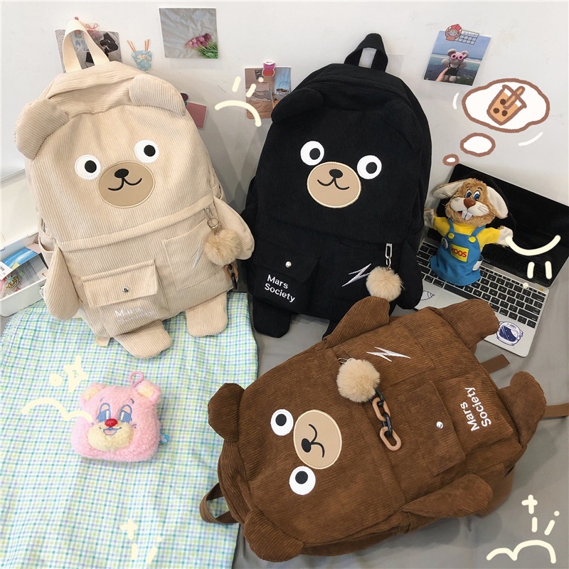 Ba lô vải nhung gân sọc, Balo gấu teddy nâu cỡ lớn đi học đi chơi, Ba lô học sinh dễ thương size lớn