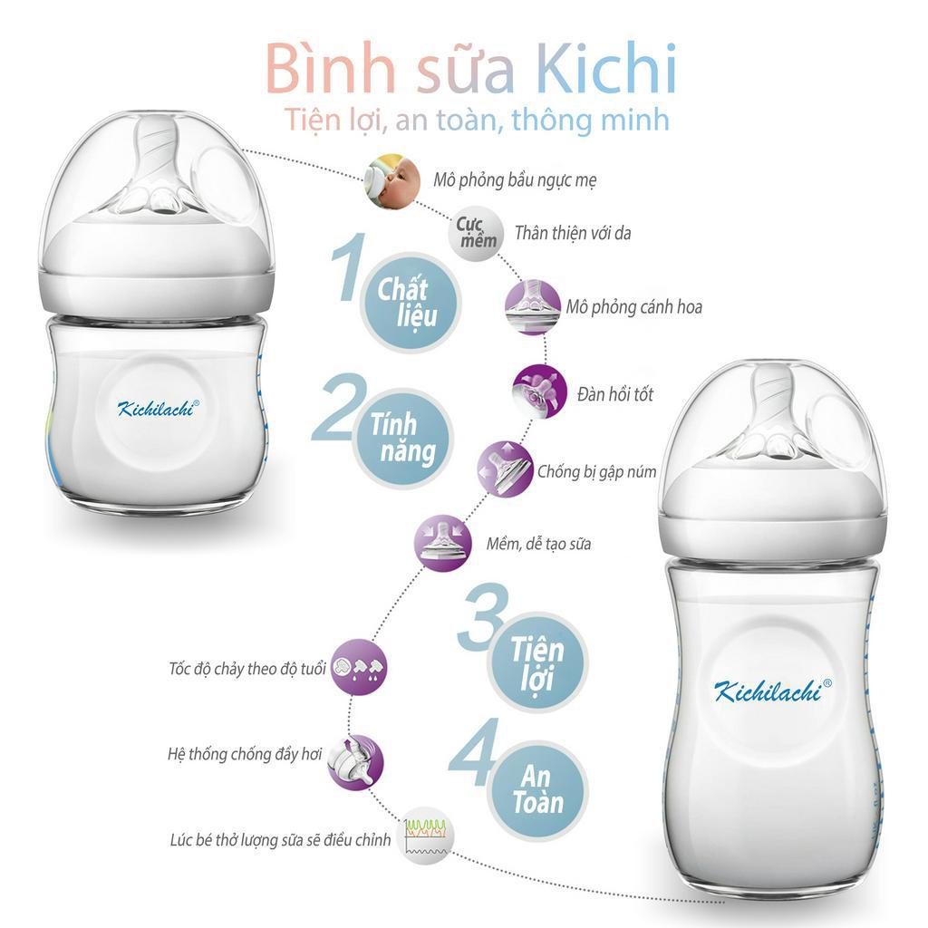 Bình Sữa Cho Bé Kichilachi Natural Cổ Rộng Nhựa Pp, Núm Ti Silicon Mềm Có Van Thoát Khí