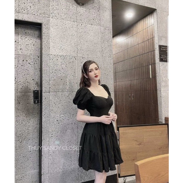 Đầm bánh bèo họa tiết ống tay phồng đáng yêu vải thoáng mát 4 màu đen trắng xanh và hồng màu nào cũng dễ thương