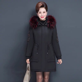 Áo mẹ dài đến trung bình cộng với size áo khoác cotton cho người trung niên và người già Quần áo mùa đông dày trùm đầu