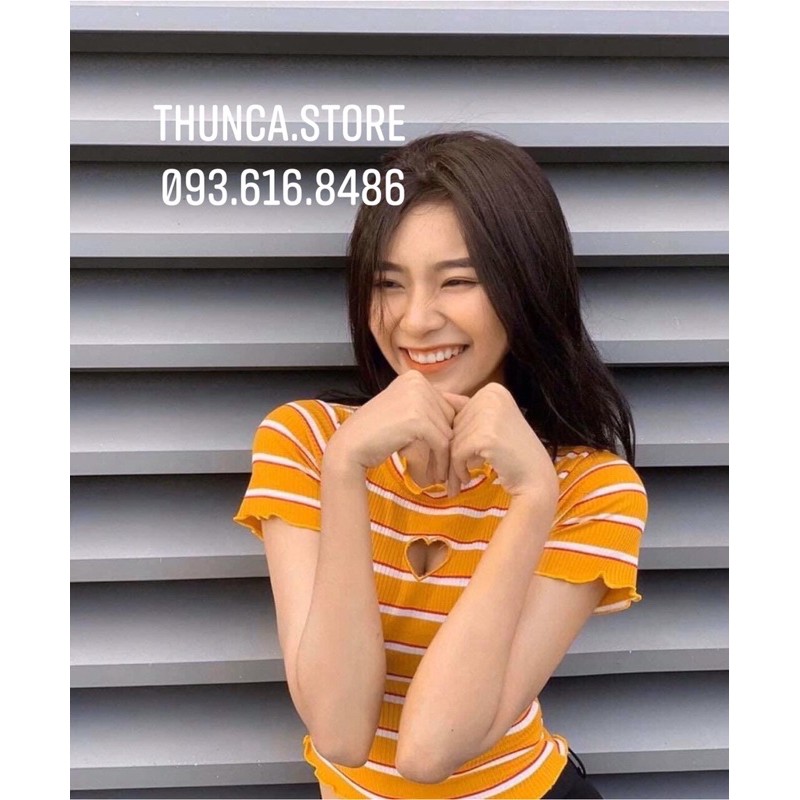 Áo kẻ sọc khoét tim tay ngắn thời trang nữ