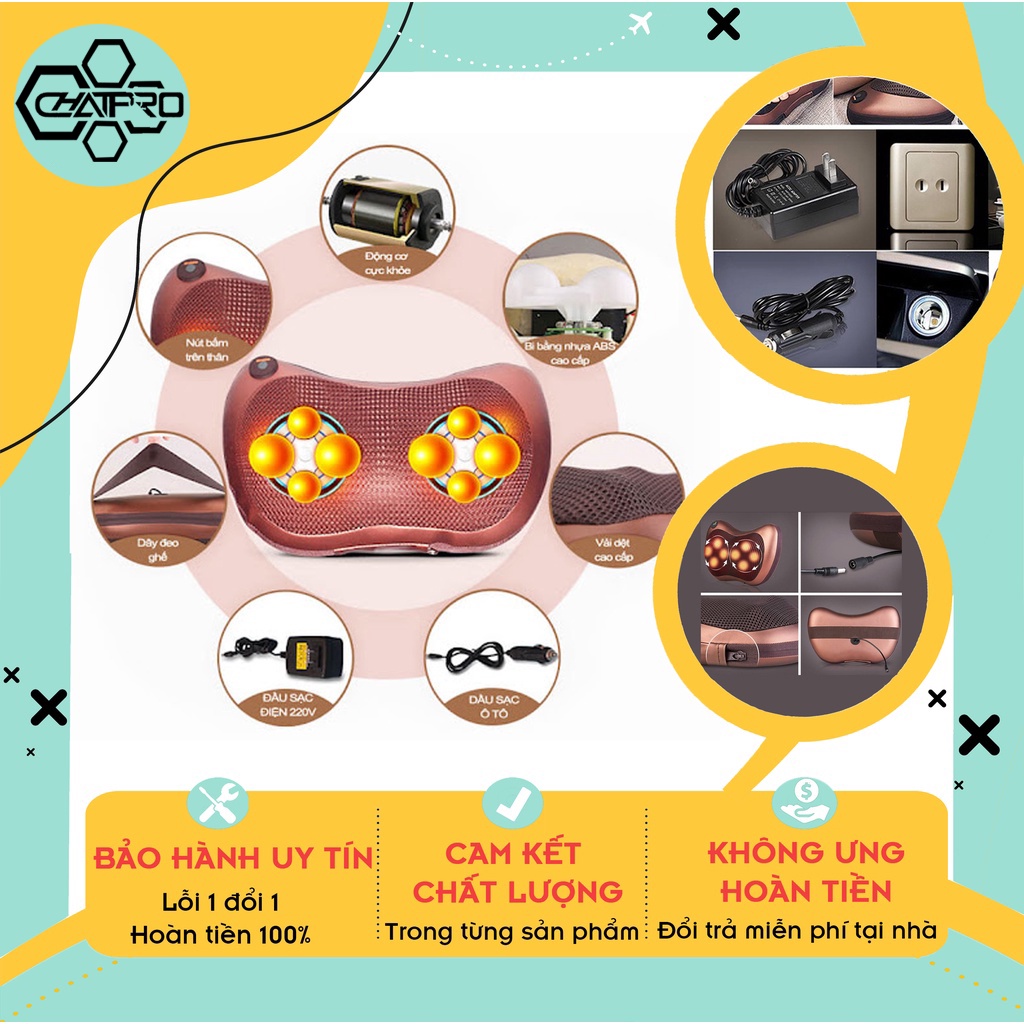 [Bảo Hành 12 Tháng] Gối massage hồng ngoại 8 bi cao cấp, gối matxa hồng ngoại dùng được cho cả ô tô xe hơi