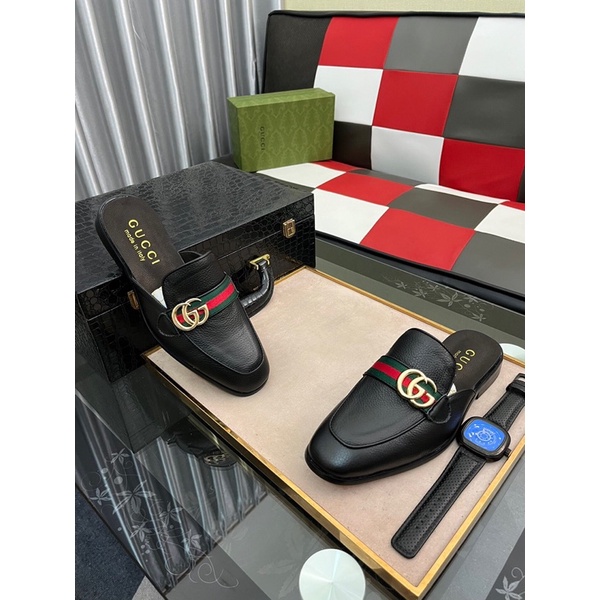 Giày sục nam logo thương hiệu Gucci GC/GG cao cấp da thật nhập khẩu mẫu mới mũi bo tròn