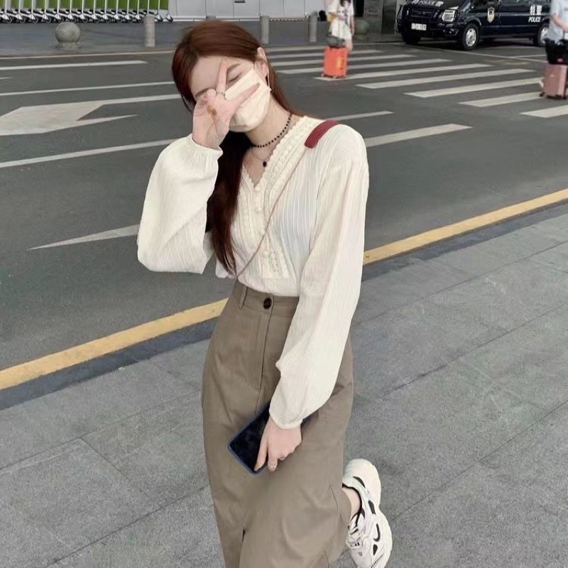 Set váy dài set áo kiểu nữ chân váy chữ A dài tone nâu be nhẹ nhàng vintage eooshop