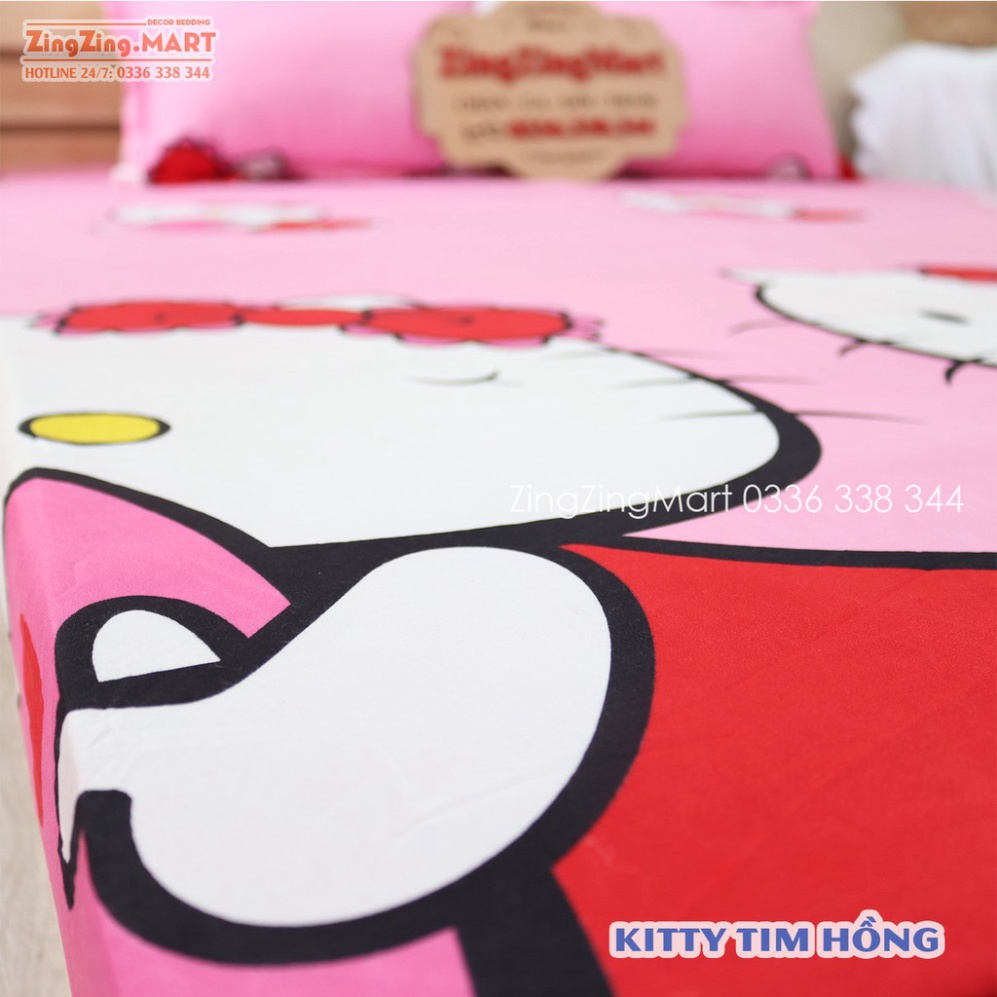 Bộ Ga Gối Poly Kitty Tim Hồng | Bộ Drap giường Ga trải giường ( 1 ga + 2 vỏ áo gối ) - ZingZingMart