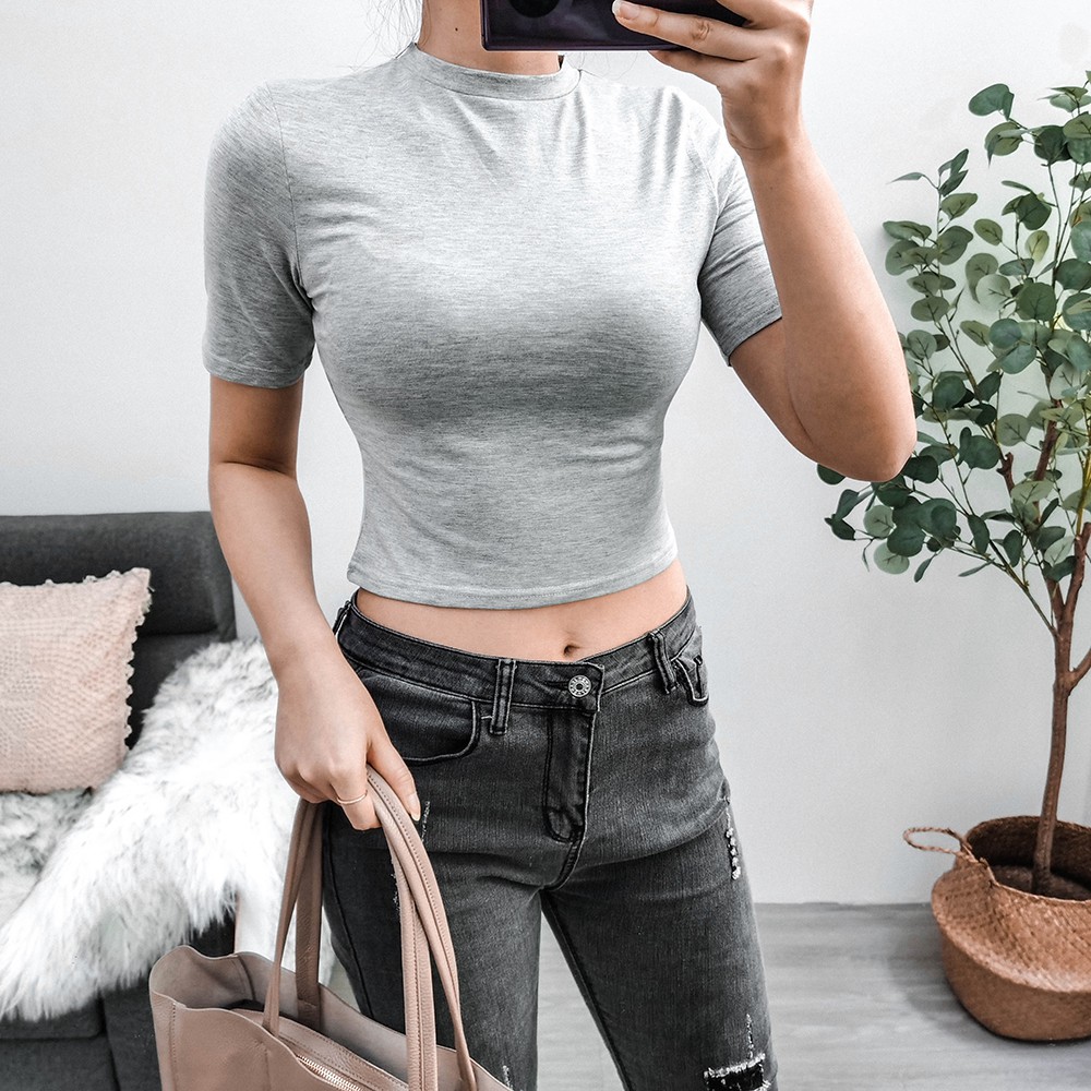 Áo croptop bằng cotton tay ngắn đơn giản thời trang dành cho nữ | BigBuy360 - bigbuy360.vn