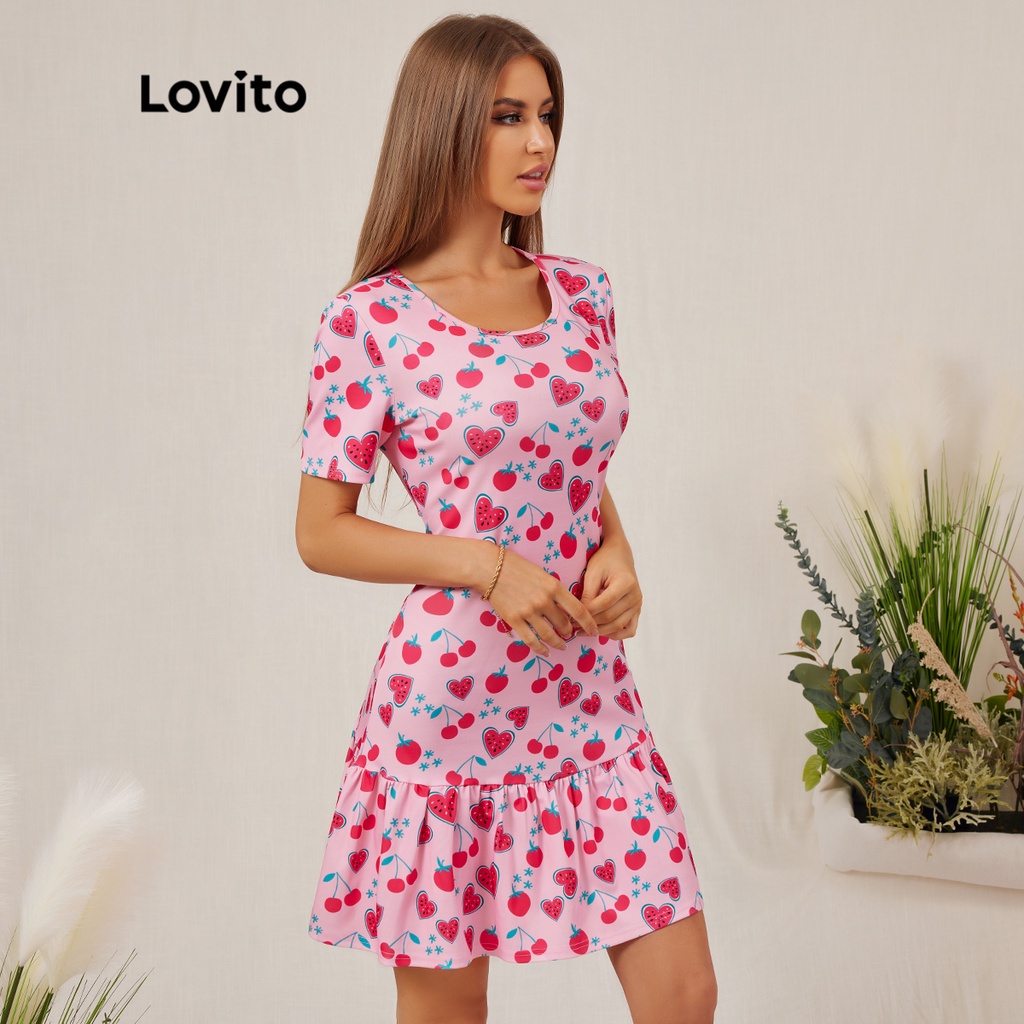 Đầm Lovito lai nhún bèo họa tiết trái cây thời trang L18E017 (hồng)