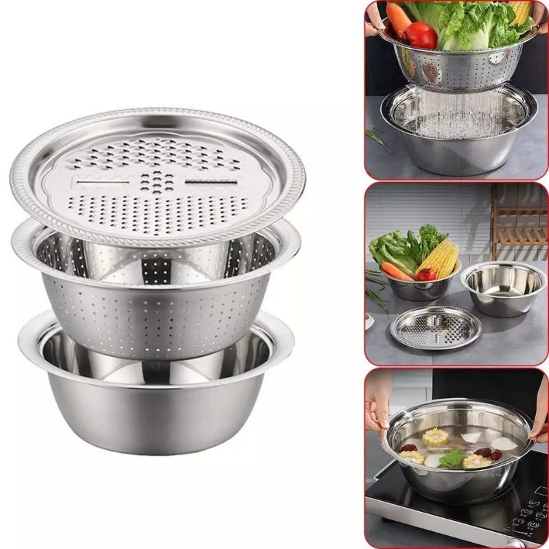 BỘ THAU RỔ BÀO INOX 3 CHI TIẾT - SIZE 26CM