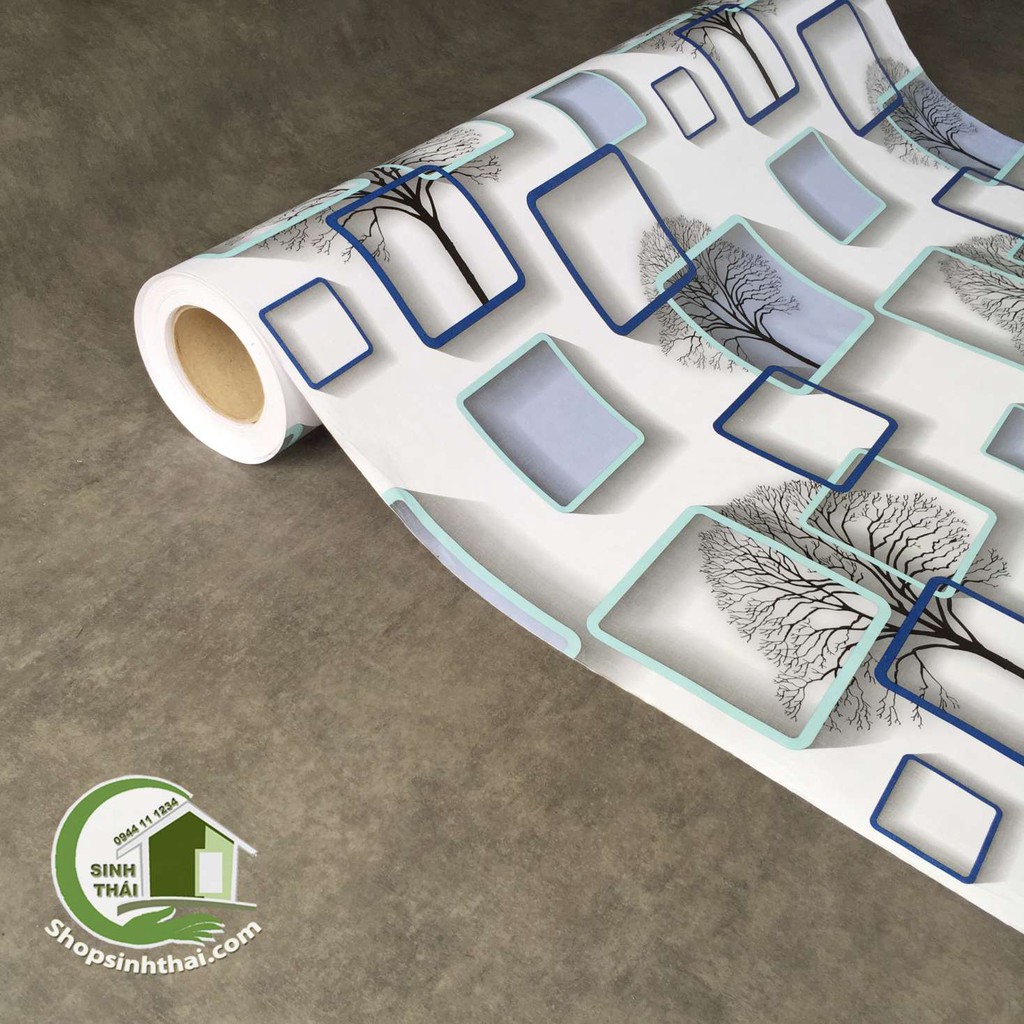 Giấy dán tường 3d nhiều ô vuông xám có cây khô -  - có sẵn keo