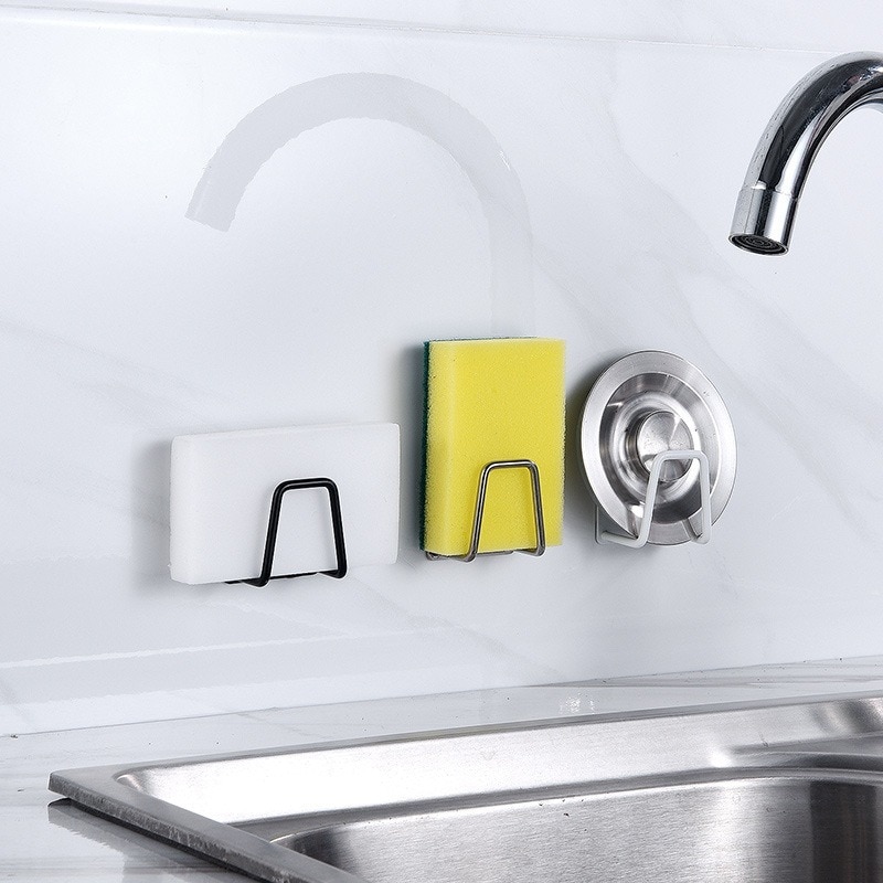 [Stock] Wall Mounted Self-Adhesive Sponge Holder, Saving Space 304 Stainless Steel Kitchen Sink Rack ,Water Proof Quick Drying Frame