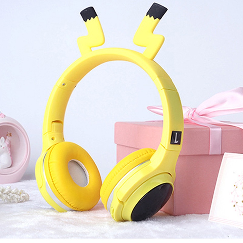 TN7 - Tai nghe chụp tai bluetooth không dây Pikachu màu vàng cute dễ thương đèn LED sáng độc đáo âm thanh sống động