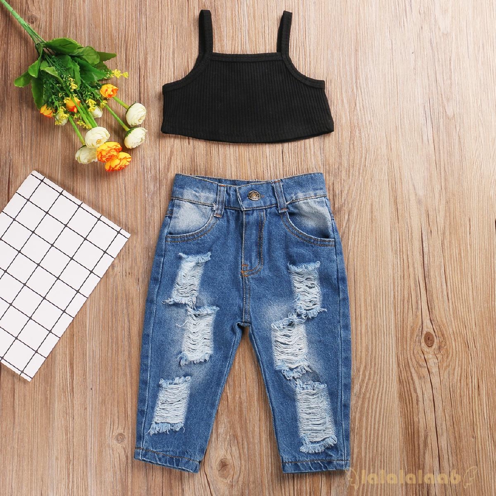 Bộ Áo Sát Nách Màu Trơn + Quần Jeans Rách Cho Bé Gái