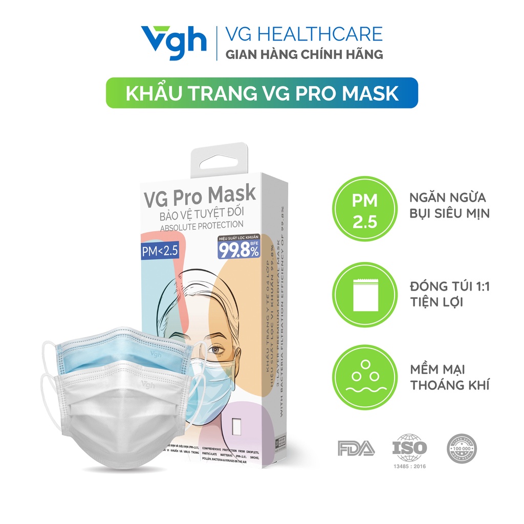 Khẩu trang y tế cao cấp VG Pro Mask lọc 99,98% vi khuẩn và bụi siêu mịn-Chính hãng VG Healthcare- Hộp 20 chiếc đóng 1:1