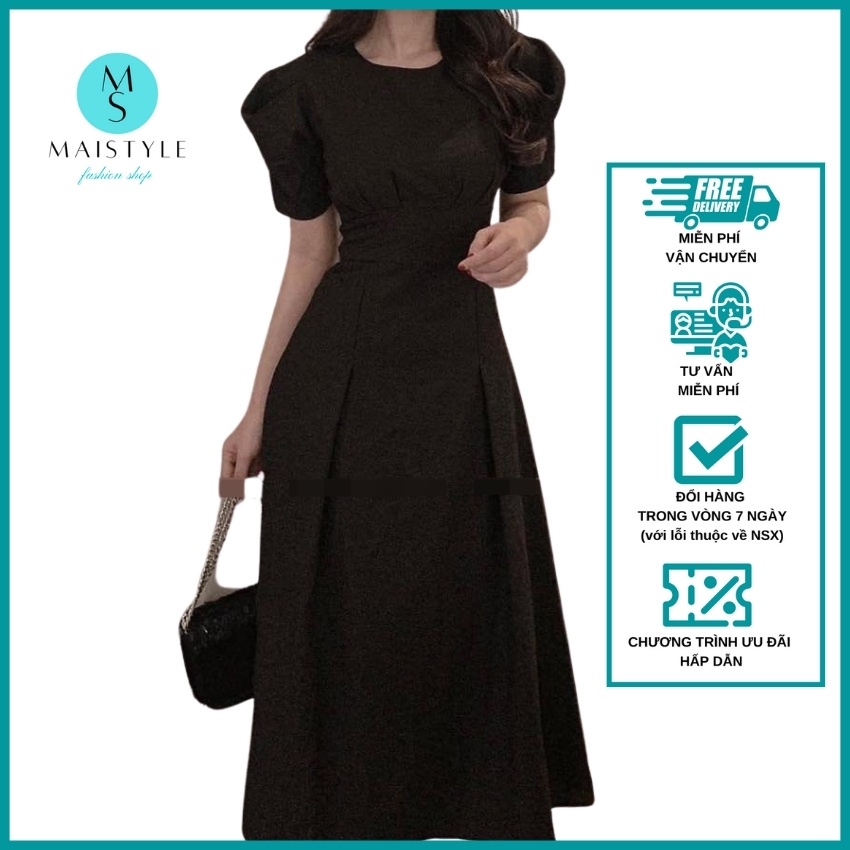 Váy trắng đen MAISTYLE đầm nữ công sở dự tiệc dáng dài qua gối xinh thiết kế đẹp tay phồng cao cấp xòe midi vải linen | BigBuy360 - bigbuy360.vn