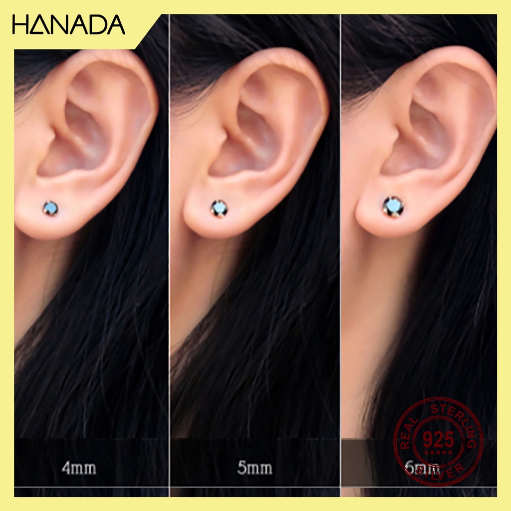Bông Tai Bạc Cao Cấp Hanada 0397 Một Hạt Đá Đen Trắng Nam Nữ Nhỏ Đơn Giản
