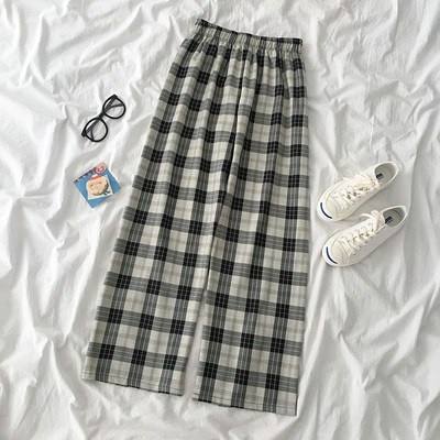 Korean Style Women Casual High Waist Loose Slim All-match Plaid Long Wide Leg Straight Pants Palazo