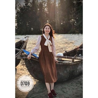 Bigsize Đầm nhung phối nơ cổ D709