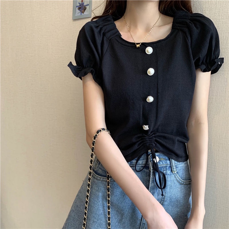 B&amp;G Áo Kiểu Vải Lụa Lạnh Xếp Ly Tay Phồng Phối Dây Rút Phong Cách Pháp Cổ Điển Thời Trang Mùa Hè Cho Nữ Áo phông Nữ JL-TX-124