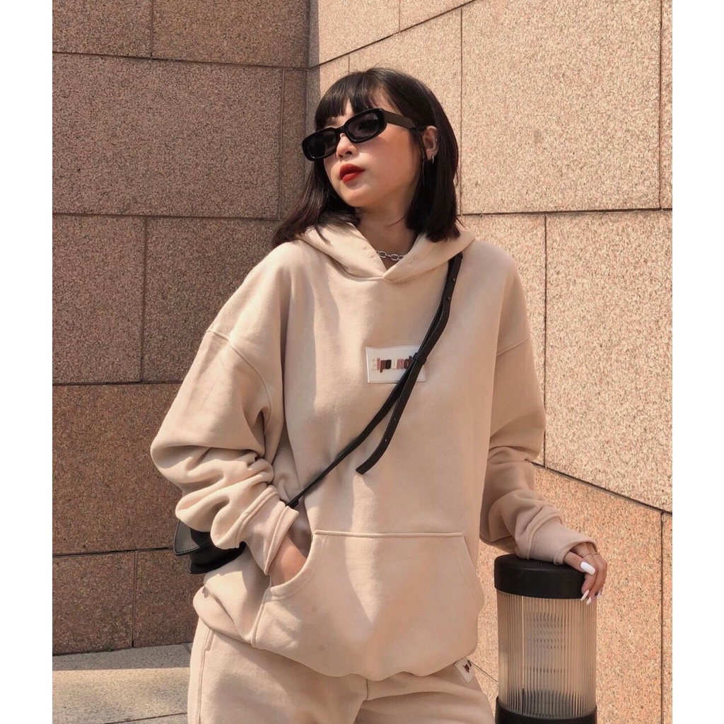 Set Áo Hoodie Quần Nỉ Nữ Màu Be Form Rộng Chất Vải Dày Dặn Ấm, Set Áo Quần Hoodie Oversize