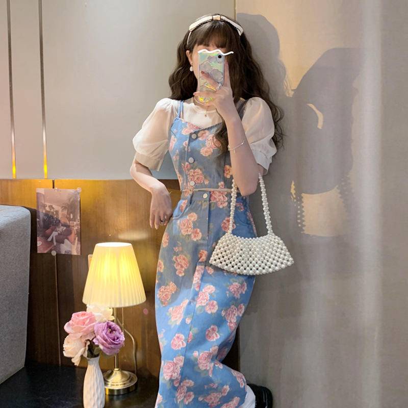 Bộ Áo Hai Dây + Chân Váy Denim In Hoa Thời Trang Mùa Hè Pháp 2022 Cho Nữ