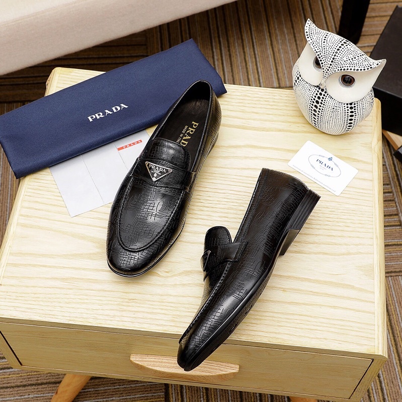Giày tây lười công sở da thật logo thương hiệu Prada cao cấp cho nam