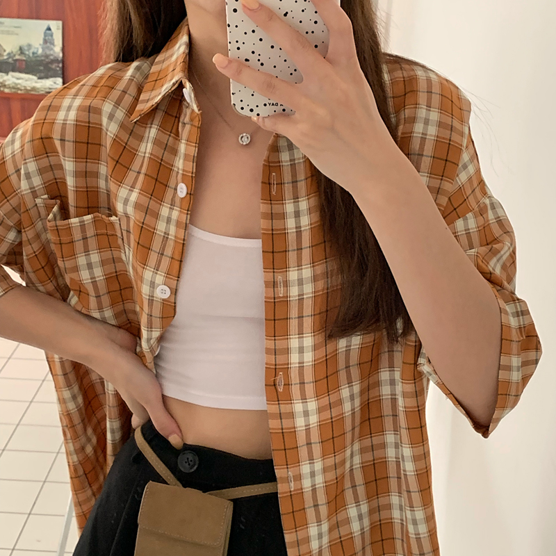 SUXI Áo sơ mi tay ngắn họa tiết caro phong cách Hàn Quốc cá tính cho nữ