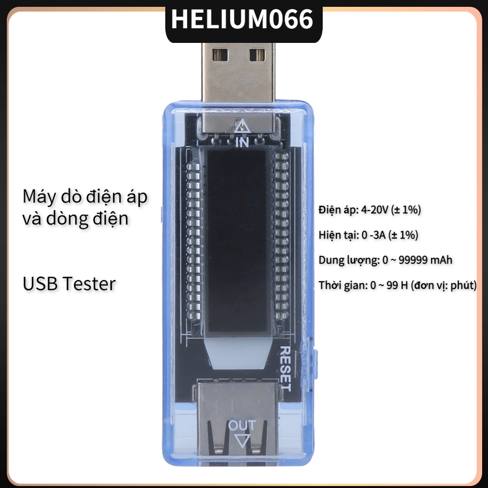 Bộ kiểm tra đồng hồ đo điện áp hiện tại của bác sĩ USB Màn hình LCD Có thể mang đi cho Điện thoại di động / Pin dự phòng / Bộ sạc 0-3A 4-20V Helium066