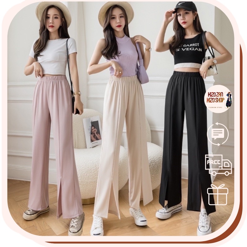 Quần nữ ống rộng xẻ tà lưng cao hack dáng hàng Quảng Châu đẹp phong cách Hàn Quốc 2101 G35 Kizoshop