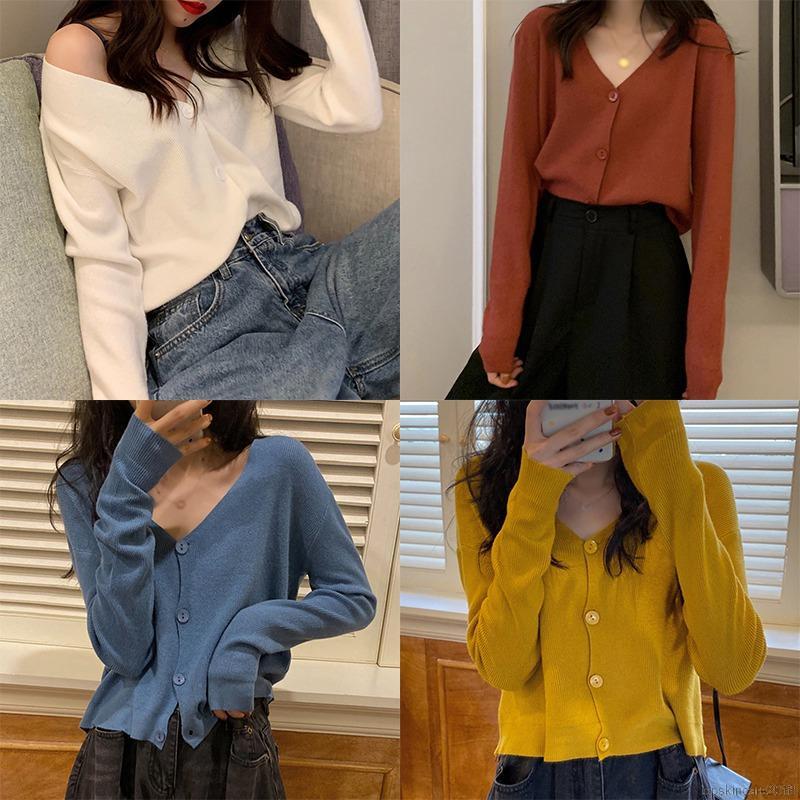 Fashion Women's Solid V-Neck Casual Long Sleeve Button Up Knitted Cardigan Tops | BigBuy360 - bigbuy360.vn