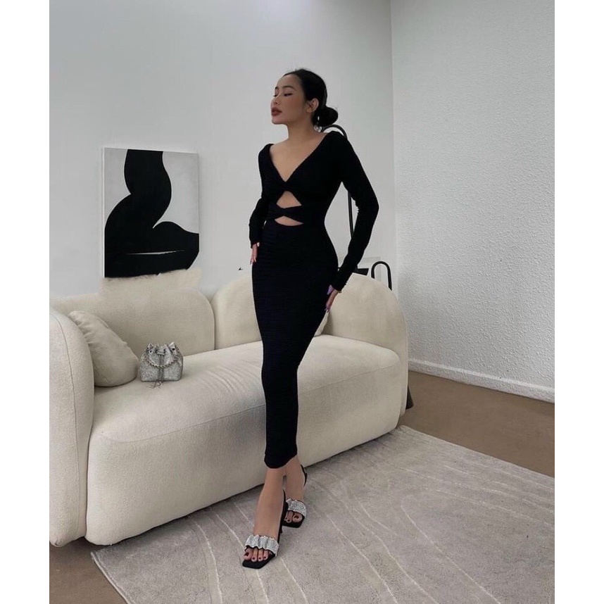 Đầm tay dài cổ tim ôm body kiểu xoắn ngực xoắn eo cực xinh , chất thun gân dày dăn  mềm mịn ly