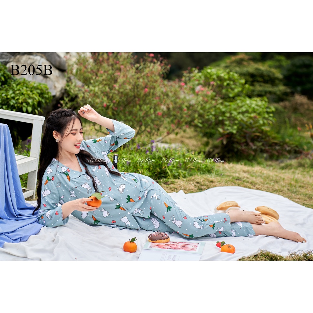 Bộ bầu dài tay kết hợp mặc sau sinh kiểu Pijama chất Lanh mềm mát thoải mái B205B B2 MUM