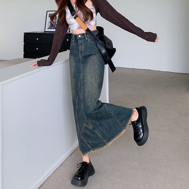 [Hàng Sẵn] Chân váy jean dáng dài cạp cao có xẻ sau hàng chất lượng | BigBuy360 - bigbuy360.vn
