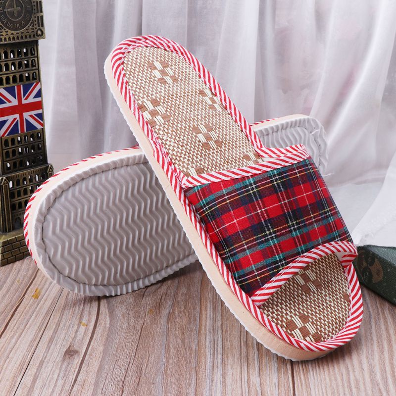 Youyo Dép Đi Trong Nhà Hở Ngón Vải Lanh Họa Tiết Kẻ Sọc Dành Cho Nam Nữ