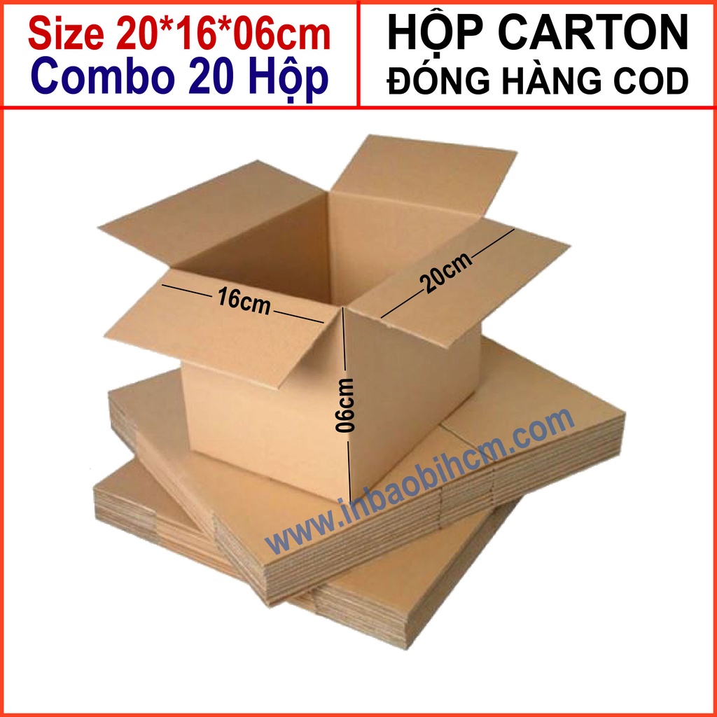 20 hộp carton đóng hàng 20x16x6 cm (Hộp dày dặn, 3 lớp, cứng, chuẩn Ship COD - Thùng giấy - Hộp giấy carton giá rẻ)