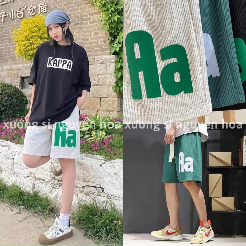 Quần short đùi unisex in chữ Aa form dáng rộng nam nữ mặc được 3 màu đen xám xanh phong cách hàn quốc