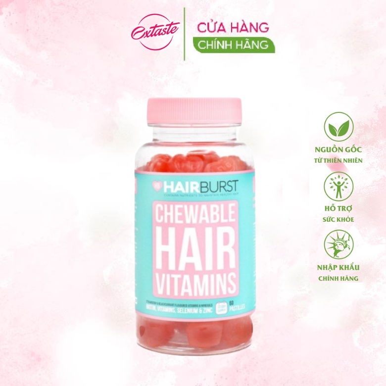 Kẹo dẻo vitamin chăm sóc, kích thích mọc tóc Hairburst chewable hair vitamins 60 viên/1 lọ Extaste