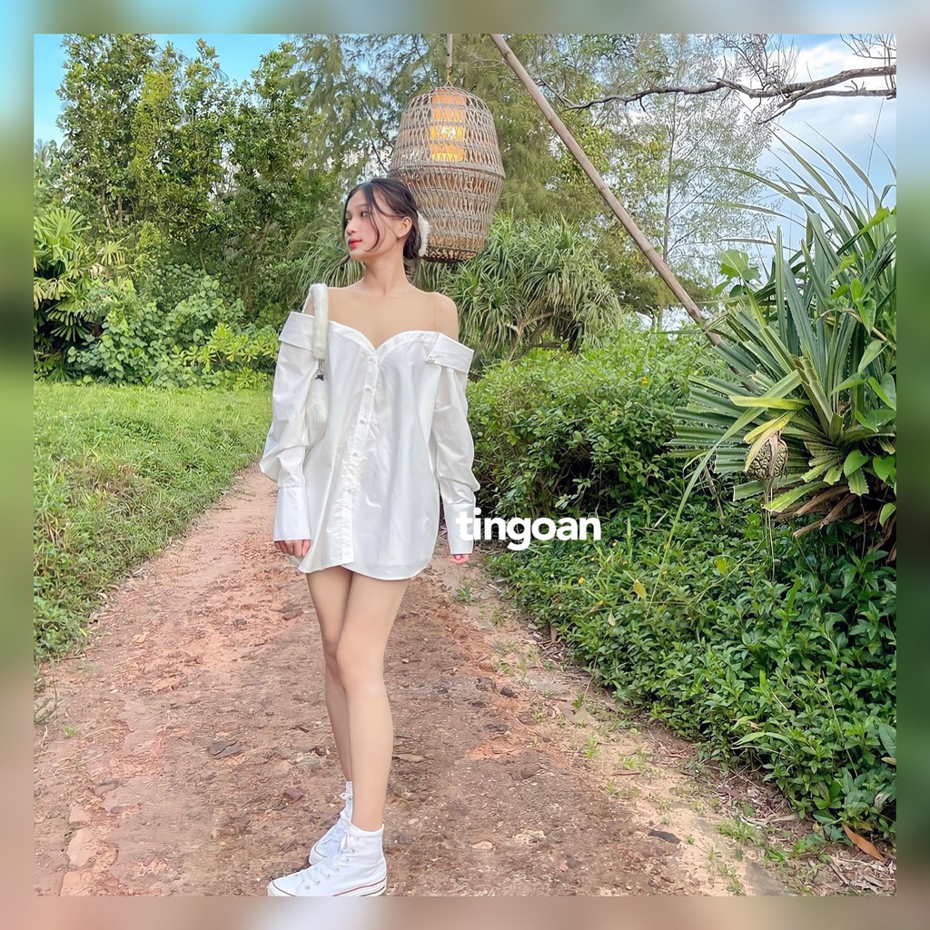 Áo sơmi trễ vai trắng phối lưới đính ngọc chống nhăn tingoan PURE LOVE SHIRT | BigBuy360 - bigbuy360.vn