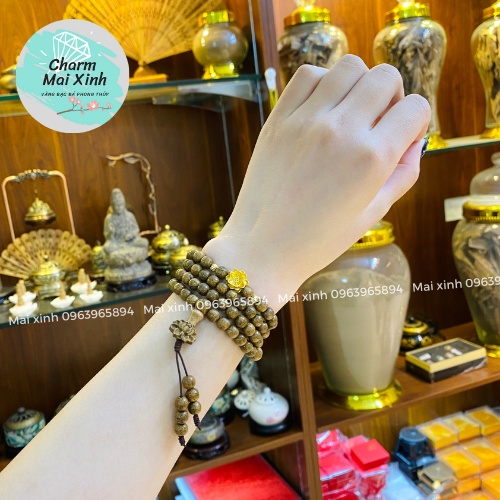 Chuỗi Trầm Hương Tốc Lào 108 hạt phối charm Hoa Sen Bạc Si + Búp Sen Trầm  - Vòng Tay Gỗ tự nhiên Nữ phong thuỷ