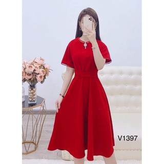 Váy thiết kế - Váy xòe đỏ thắt eo V1397 ( Ảnh mẫu và trải sàn do shop tự chụp )