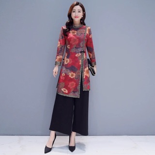Set sườn sám cách tân kèm quần ống rộng hàng đẹp