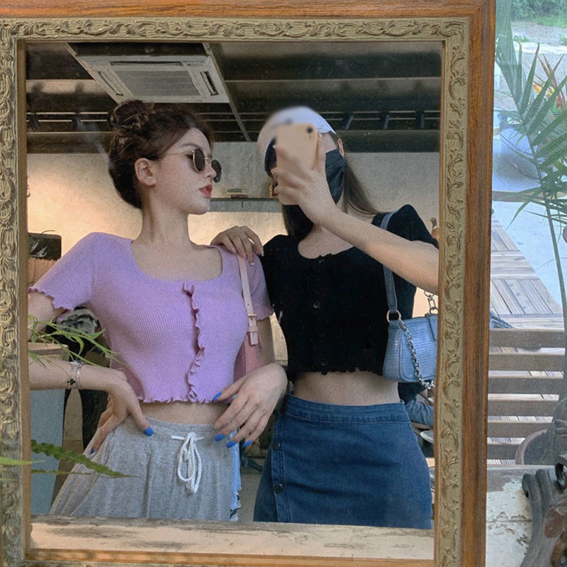 Áo Thun Croptop Dệt Kim Cổ Tròn Màu Trơn Phong Cách Hàn Quốc Thời Trang Cho Nữ