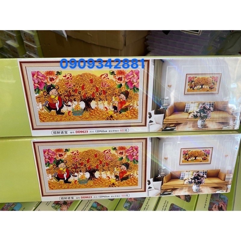 Tranh đính đá 2 ông thần tài tấn tấn lộc D9623-1m2x65cm