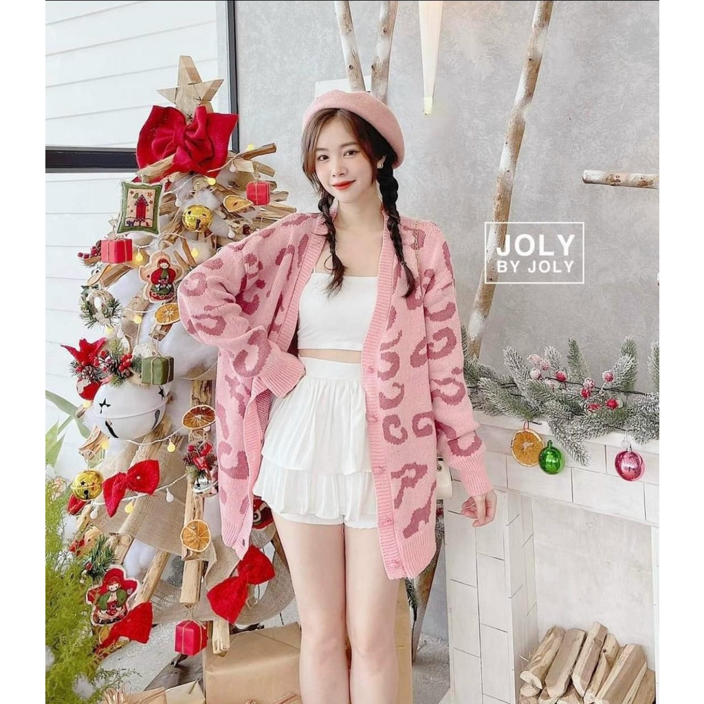 Áo khoác len cardigan nữ dáng dài 5 nút hoạ tiết