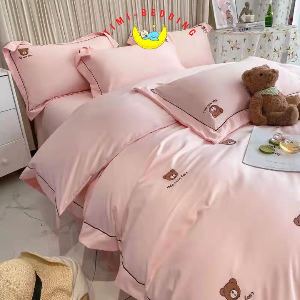 Bộ chăn ga gối lụa thêu gấu teddy bear cao cấp, nhập khẩu – Set ga gối lụa 4 món – Timibedding