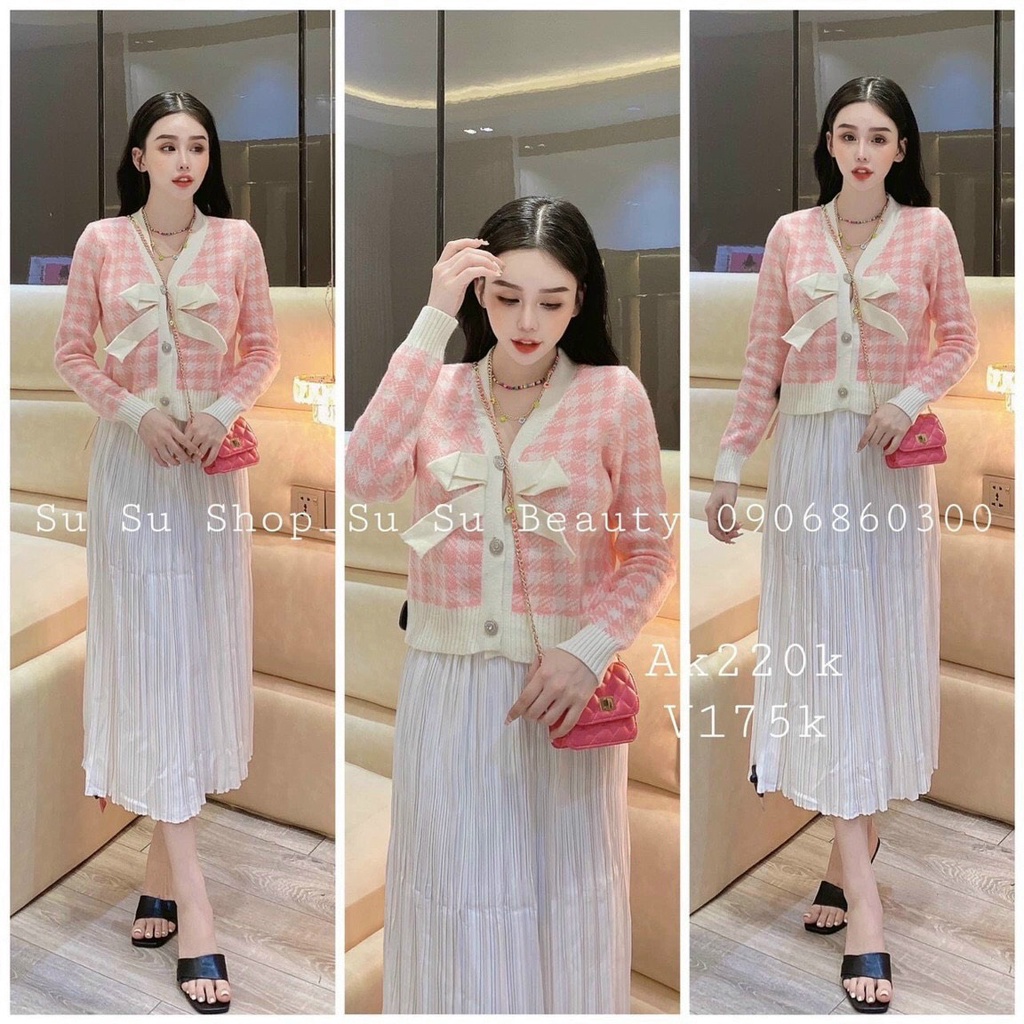 Áo cardigan len caro viền cổ nơ xinh